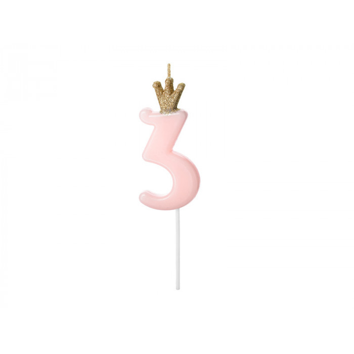 Świeczka urodzinowa Cyferka 3,  jasny różowy, 9.5cm