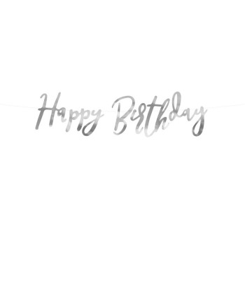 Baner Happy Birthday, srebrny, 16,5x62cm