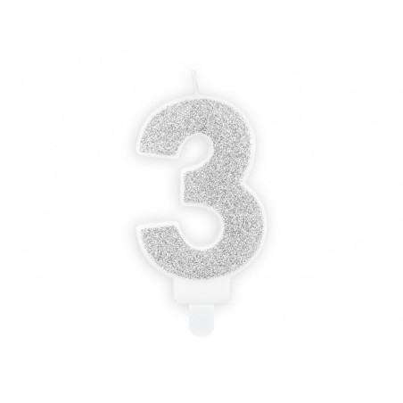 Świeczka urodzinowa Cyferka 3, srebrny, 7cm