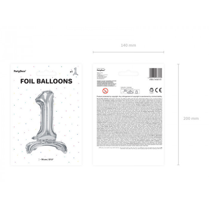 Stojący balon foliowy Cyfra ''1'', 70cm, srebrny