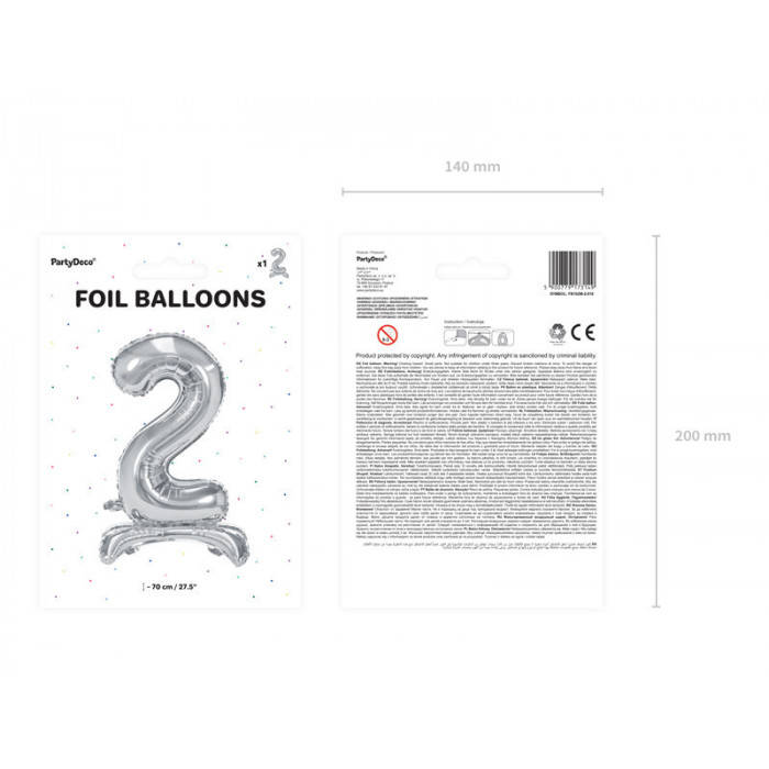 Stojący balon foliowy Cyfra ''2'', 70cm, srebrny