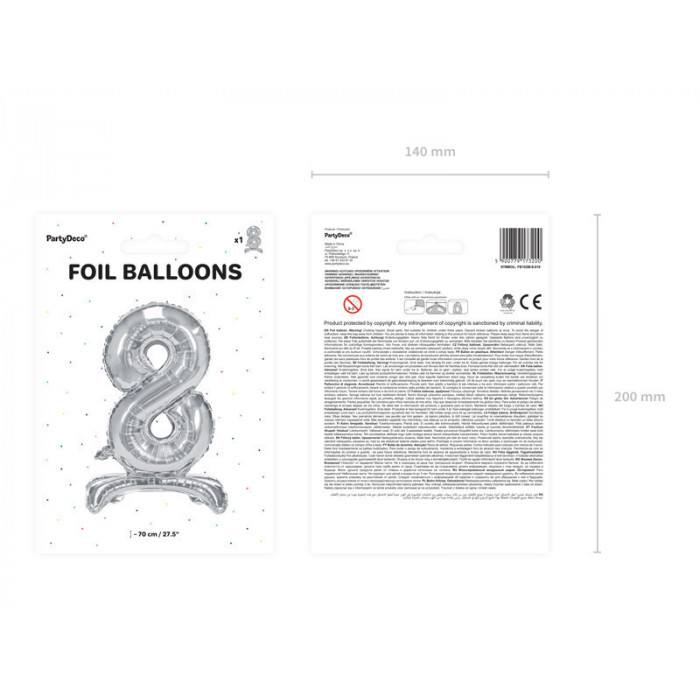 Stojący balon foliowy Cyfra ''8'', 70cm, srebrny