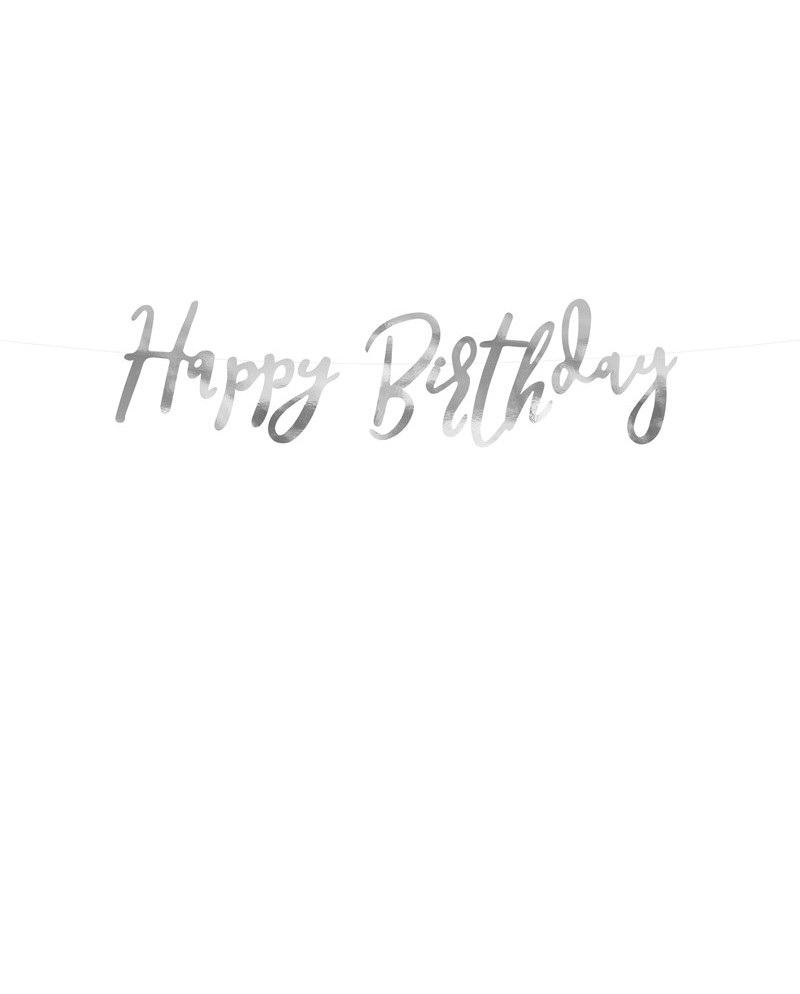 Baner Happy Birthday, srebrny, 16,5x62cm