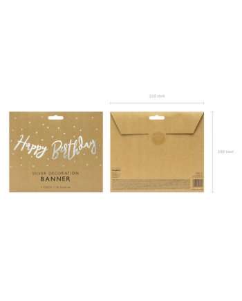 Baner Happy Birthday, srebrny, 16,5x62cm