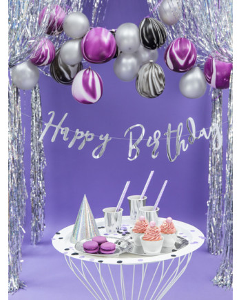 Baner Happy Birthday, srebrny, 16,5x62cm