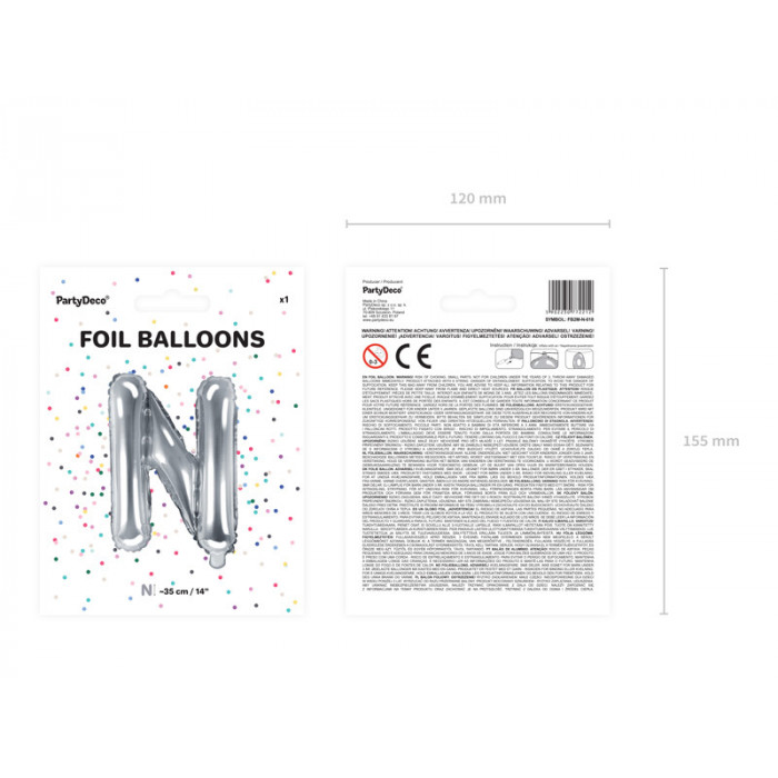 Balon foliowy Litera ''N'', 35cm, srebrny