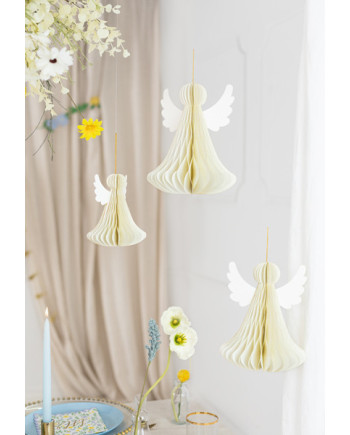 Dekoracja papierowa honeycomb Aniołek, kość słoniowa, 15 cm