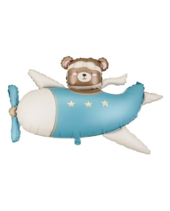 Balon foliowy Miś w Samolocie, 94x61 cm, jasny niebieski