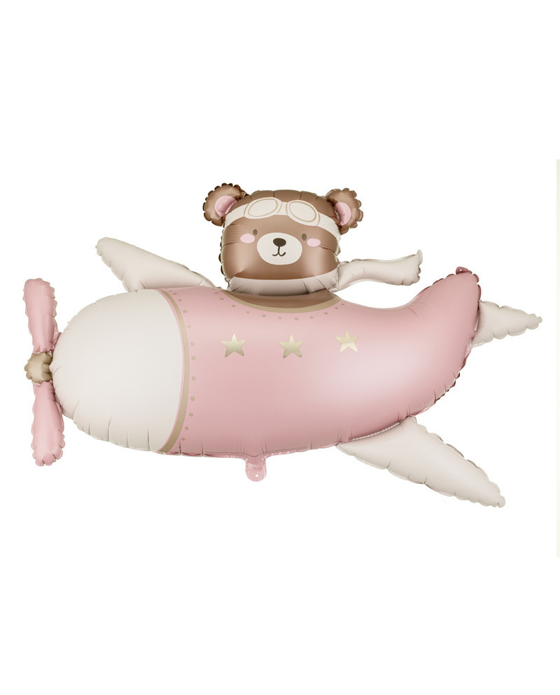 Balon foliowy Miś w Samolocie, 94x61 cm, jasny różowy