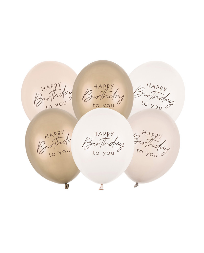Balony 30 cm, Happy Birthday, mix beżowy (1 op. / 6 szt.)
