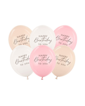 Balony 30 cm, Happy Birthday, mix różowy (1 op. / 6 szt.)