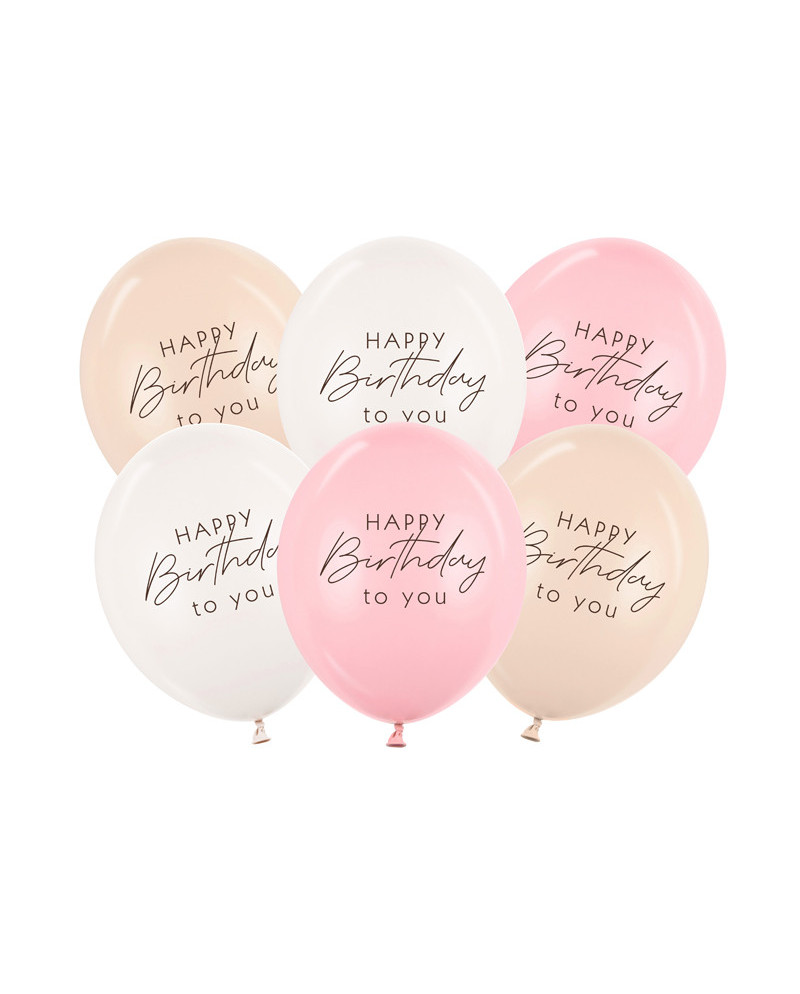 Balony 30 cm, Happy Birthday, mix różowy (1 op. / 6 szt.)