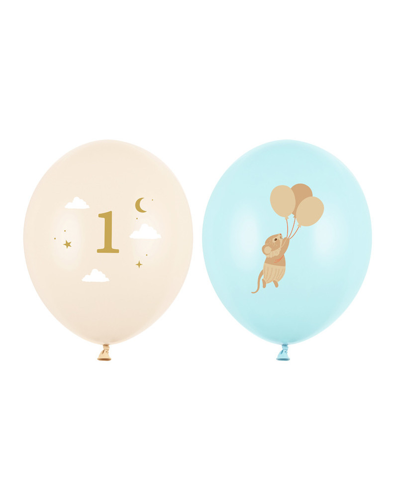 Balony 30 cm, Myszki z cyferką 1, Light Blue (1 op. / 50 szt.)