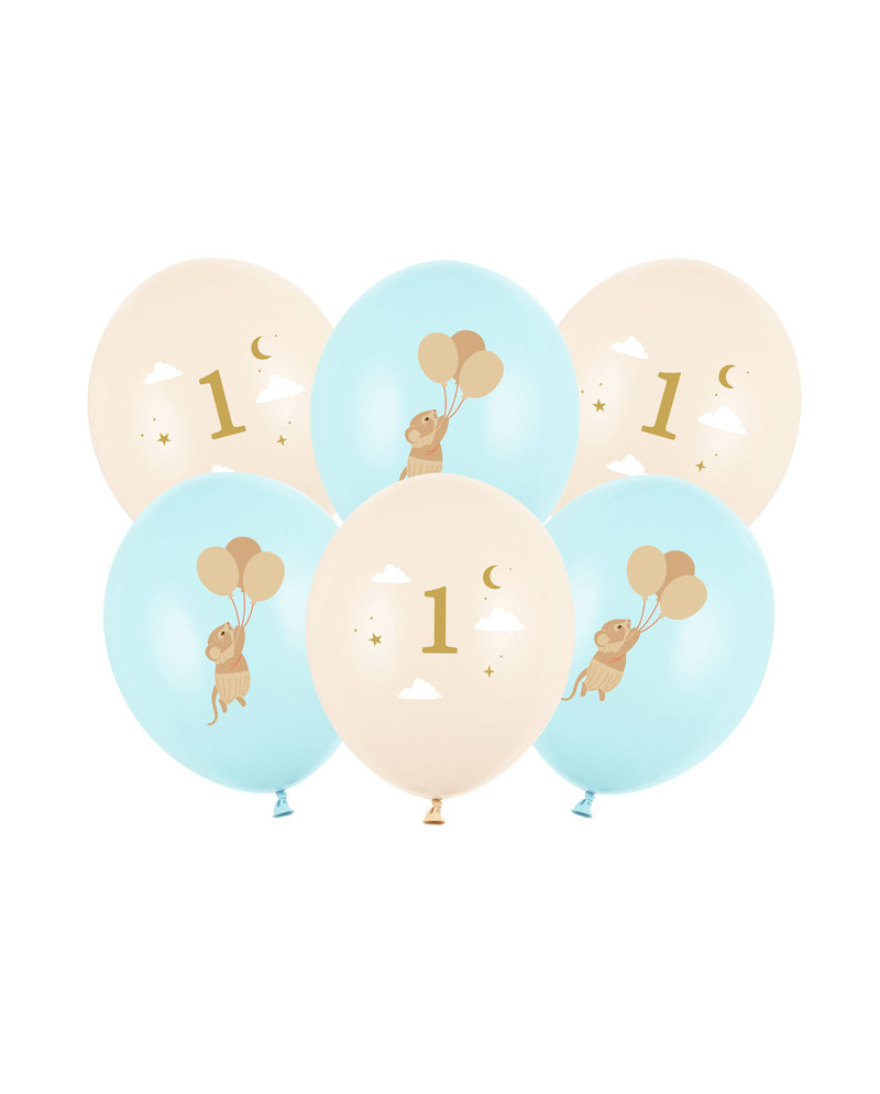 Balony 30 cm, Myszki z cyferką 1, Light Blue (1 op. / 6 szt.)