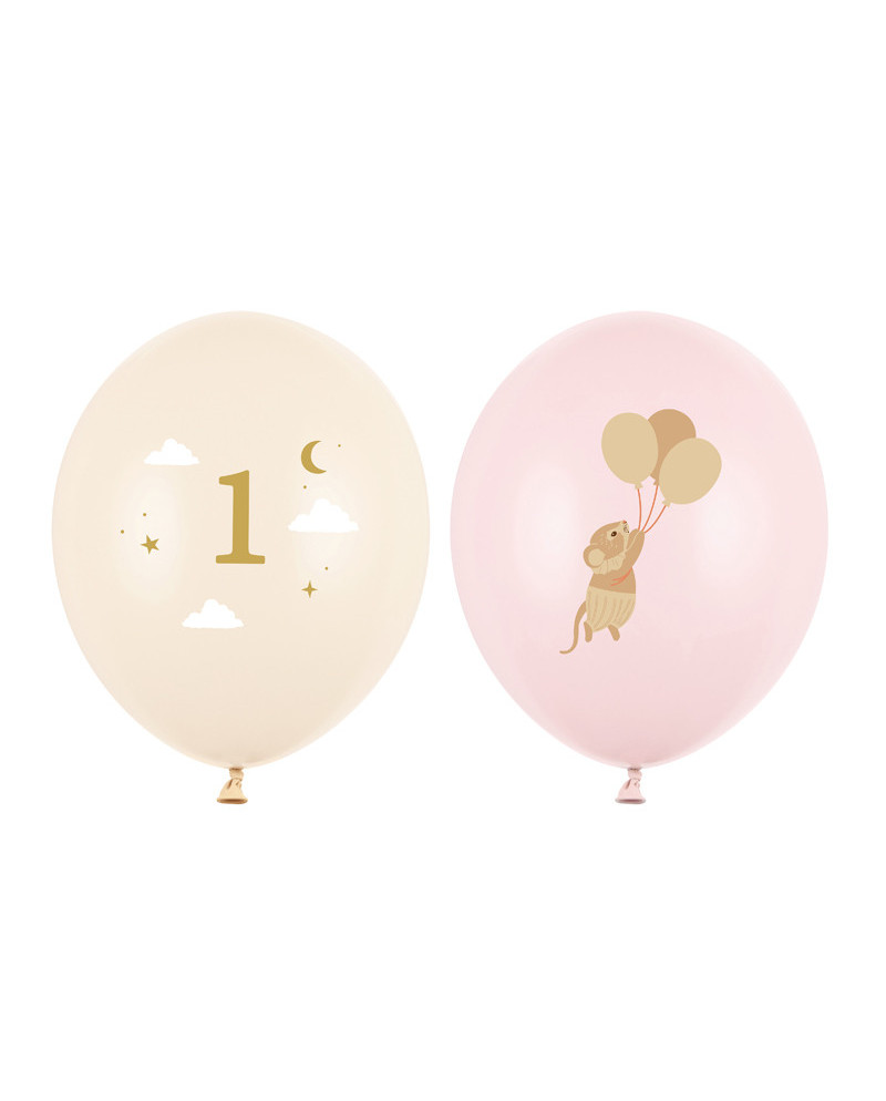 Balony 30 cm, Myszki z cyferką 1, Pale Pink (1 op. / 50 szt.)