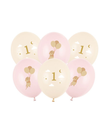Balony 30 cm, Myszki z cyferką 1, Pale Pink (1 op. / 6 szt.)