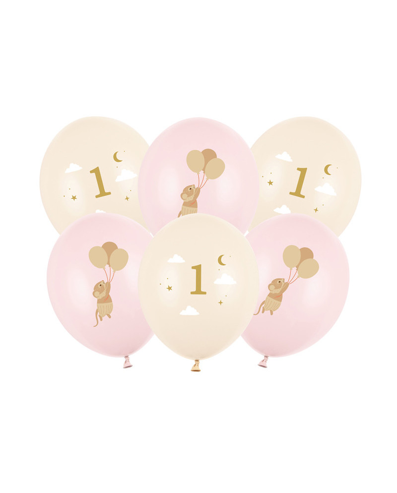 Balony 30 cm, Myszki z cyferką 1, Pale Pink (1 op. / 6 szt.)