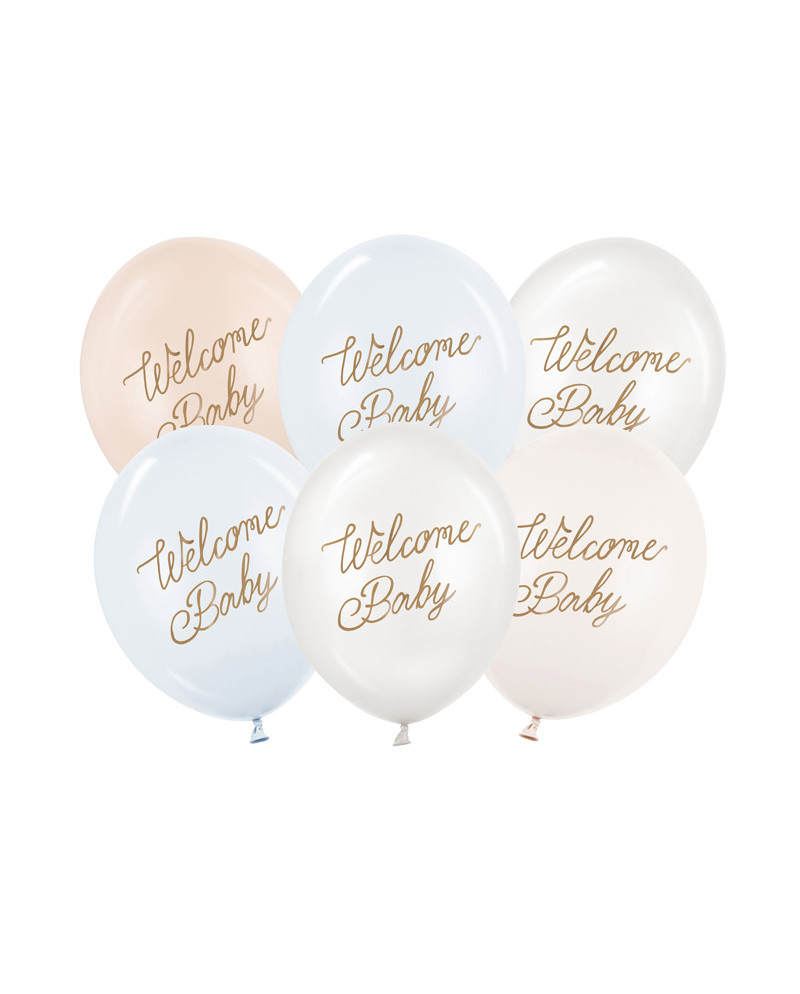 Balony 30 cm, Welcome Baby, mix niebieski (1 op. / 6 szt.)