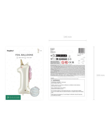 Balon foliowy Cyfra ''1'' Jednorożec, 93cm, mix