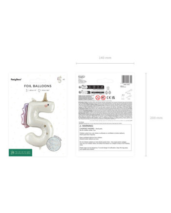 Balon foliowy Cyfra ''5'' Jednorożec, 93cm, mix