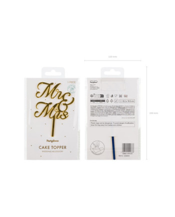 Topper akrylowy na tort MR & MRS, złoty, 16.5 cm