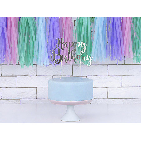 Topper na tort Happy Birthday, srebrny, 22,5cm