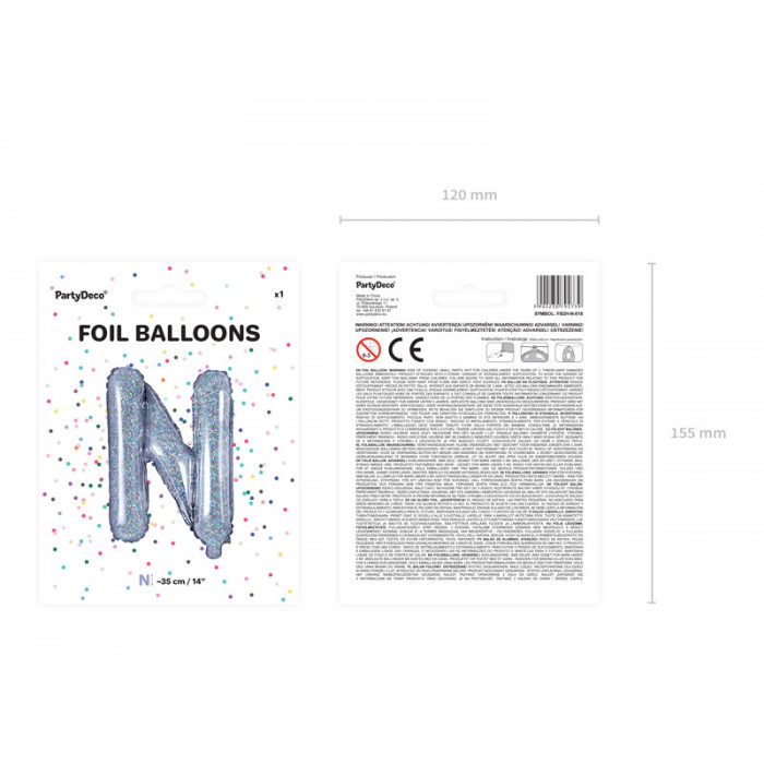 Balon foliowy Litera ''N'', 35cm, holograficzny