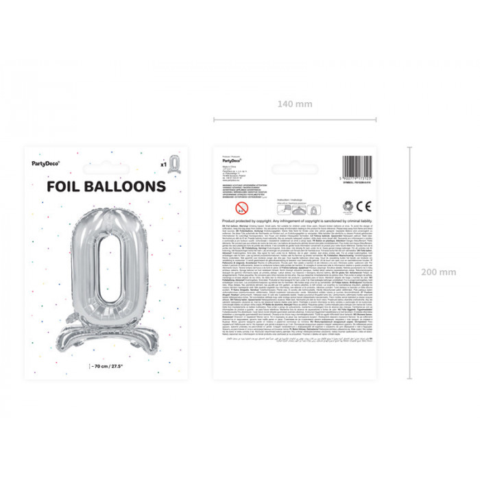 Stojący balon foliowy Cyfra ''0'', 70cm, srebrny