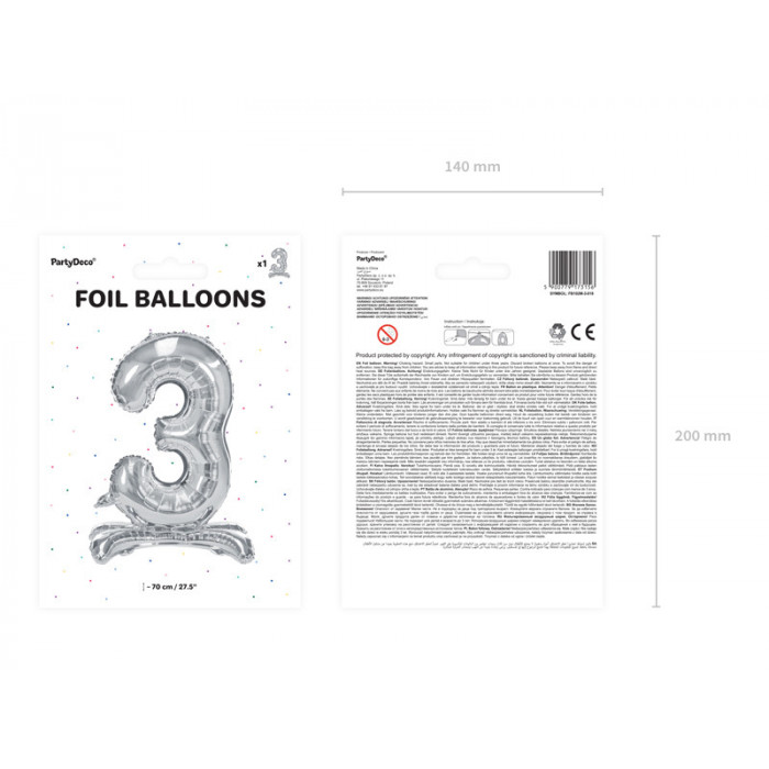 Stojący balon foliowy Cyfra ''3'', 70cm, srebrny