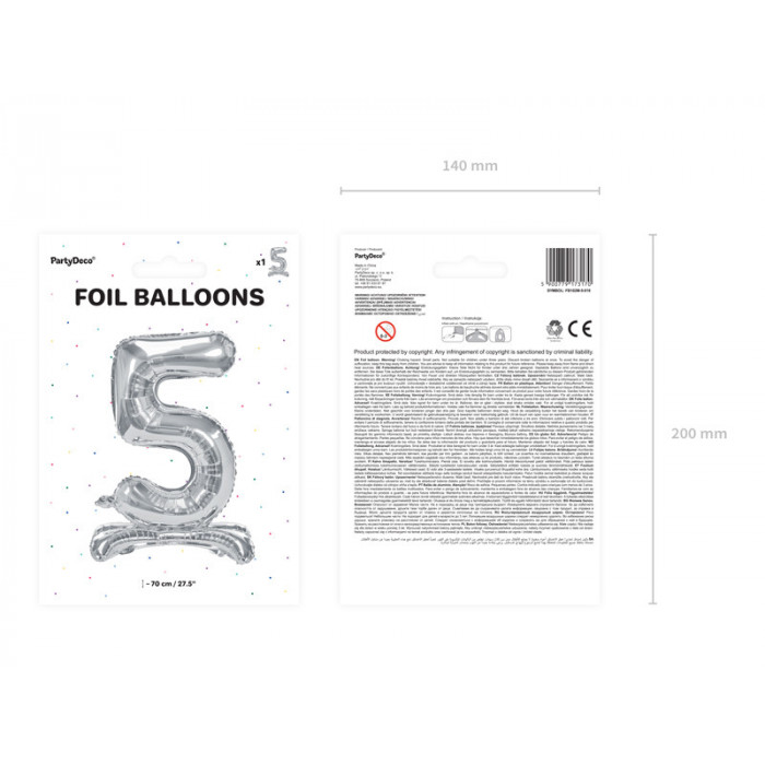 Stojący balon foliowy Cyfra ''5'', 70cm, srebrny