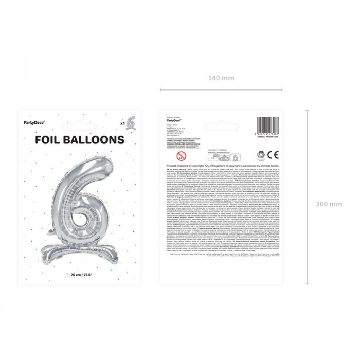 Stojący balon foliowy Cyfra ''6'', 70cm, srebrny